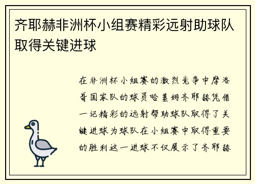 齐耶赫非洲杯小组赛精彩远射助球队取得关键进球 齐耶赫非洲杯小组赛精彩远射助球队取得关键进球